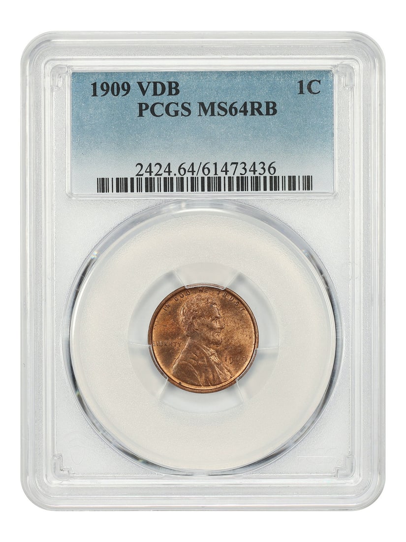 PCGS MS64RB 1909 VDB Lincoln Wheat Cent 1C Philadelphia: PCGS MS64RB 1909 VDB Lincoln Wheat Cent 1C Philadelphia 1909 VDB Lincoln Cent with Wheat Reverse, graded PCGS MS64RB. This popular first-year Lincoln issue features the designer's initials, which were