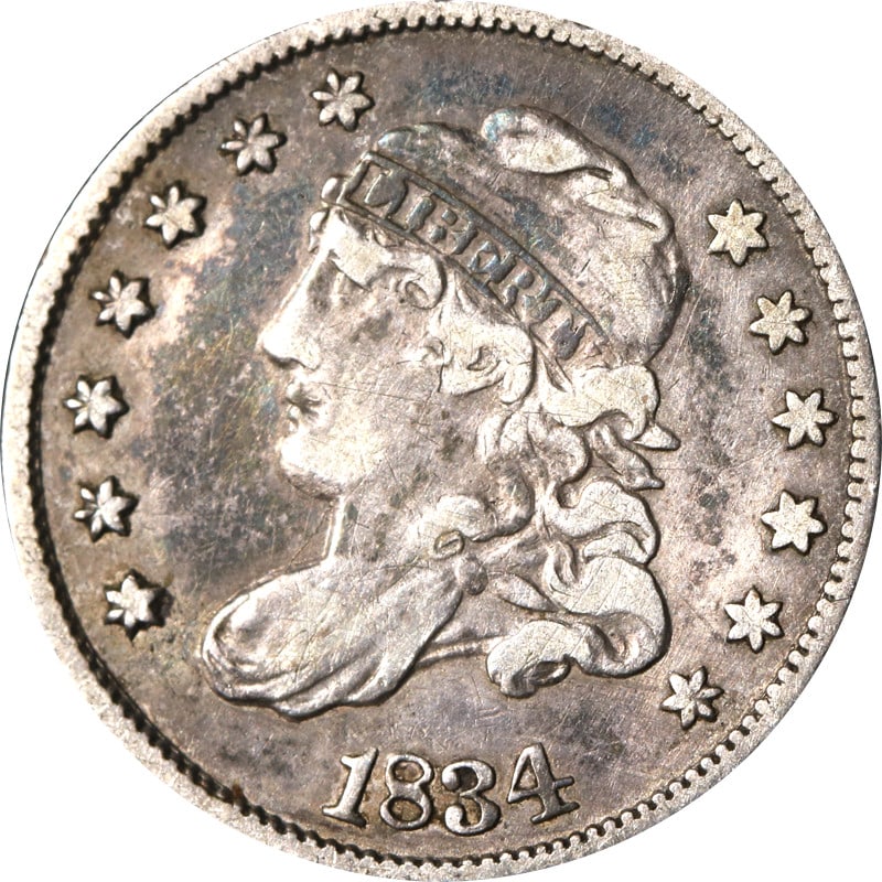 1834 United States Silver Bust Half Dime Coin: 1834 United States Silver Bust Half Dime Coin 1834 Bust Half Dime from the United States. This pre-owned coin is uncertified, struck in silver, and shows circulated condition. Specifications Item Type