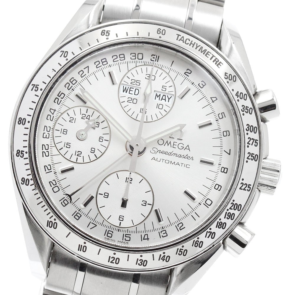 OMEGA Speedmaster 3523.30 automatic chronograph men's wristwatch: OMEGA Speedmaster 3523.30 automatic chronograph men's wristwatch OMEGA Speedmaster Triple Calendar Chronograph automatic men's wristwatch with a silver dial and stainless steel case and bracelet. This
