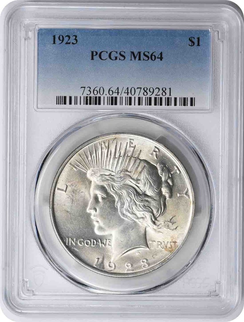 PCGS MS64 1923 Peace Dollar $1 Silver Coin: PCGS MS64 1923 Peace Dollar $1 Silver Coin 1923 Peace Silver Dollar certified by PCGS and graded MS64. This uncirculated United States $1 coin features the Peace design by Anthony de Francisci and is 