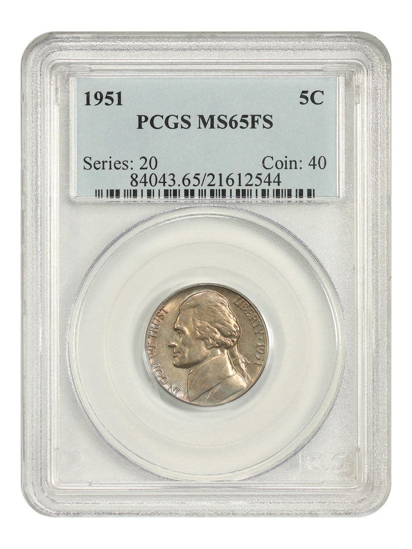 PCGS MS65FS 1951 Jefferson Nickel 5C Philadelphia: PCGS MS65FS 1951 Jefferson Nickel 5C Philadelphia 1951 Jefferson Nickel certified by PCGS in MS65FS grade. This pre-owned coin is an uncirculated example struck at the Philadelphia Mint. Specification