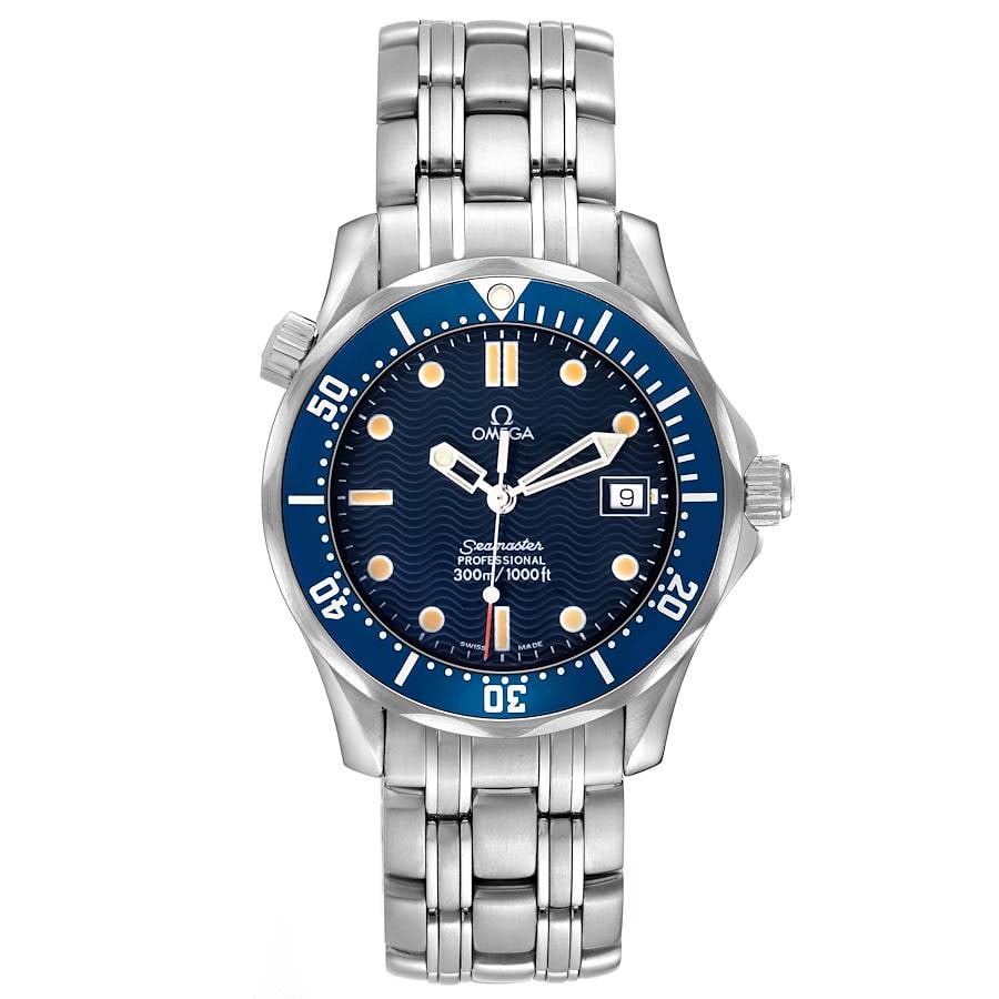 Omega 2561.80.00 Seamaster Diver 300M Blue Dial Steel Bracelet Watch: Omega 2561.80.00 Seamaster Diver 300M Blue Dial Steel Bracelet Watch Omega Seamaster Diver 300M wristwatch with a blue dial, rotating bezel, and stainless steel bracelet. This unisex model is identifi