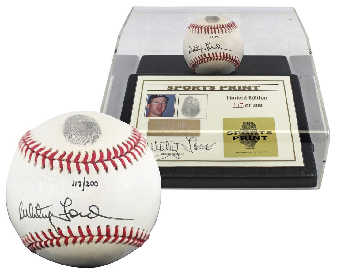 Whitey Ford Signed Limited Edition Baseball with Thumbprint and Display Case: Whitey Ford Signed Limited Edition Baseball with Thumbprint and Display Case This limited edition thumbprint baseball, personally signed by Hall of Famer Whitey Ford, is a must-have for any New York Y