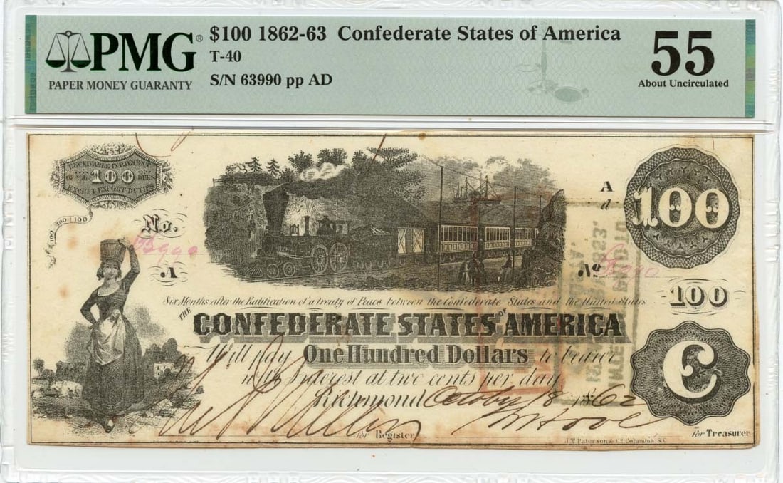 PMG AU55 1862 Confederate States of America 100 Dollars T-40 Note: PMG AU55 1862 Confederate States of America 100 Dollars T-40 Note 1862 Confederate States of America T-40 $100 note graded PMG AU55. This pre-owned note is a circulated example and includes its PMG ce