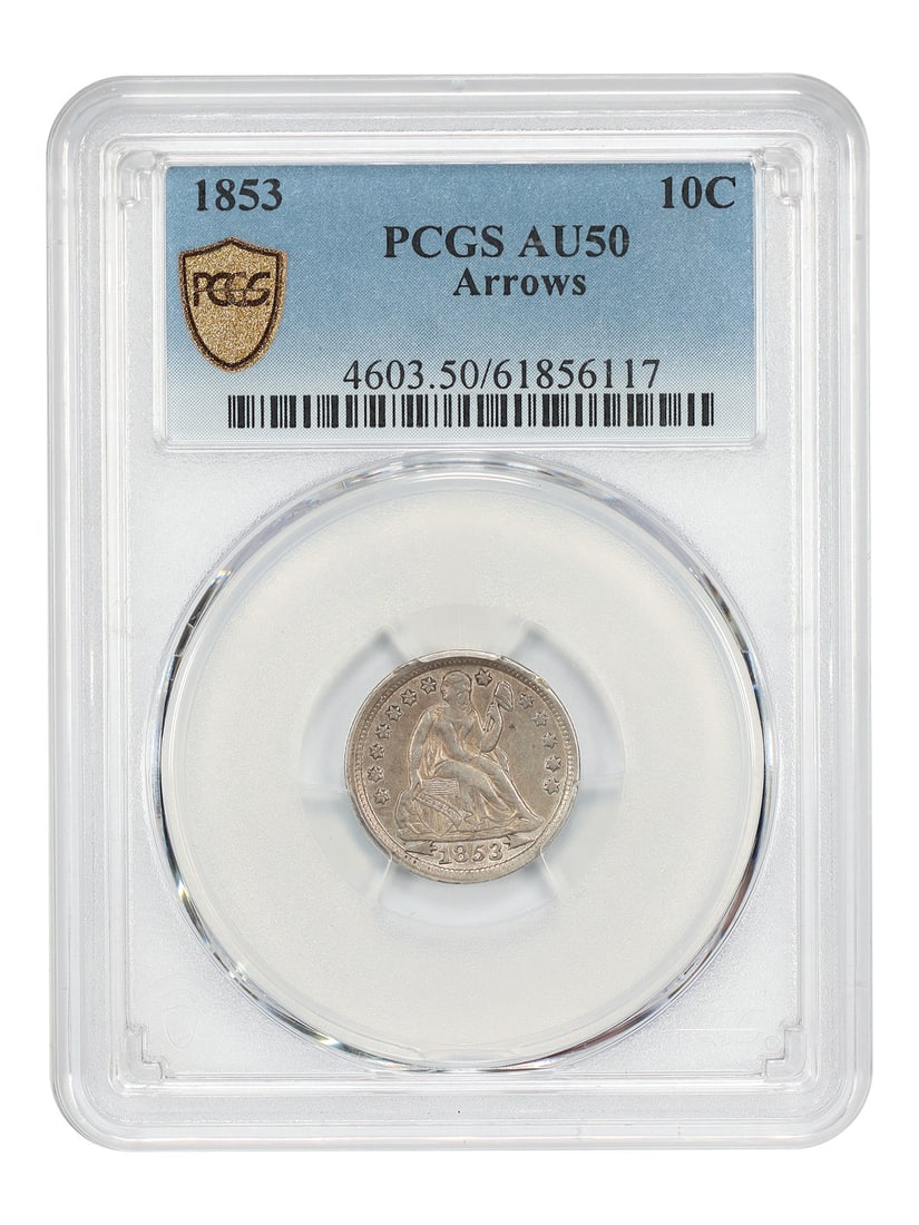 1853 Liberty Seated Dime 10C PCGS AU50 Arrows Type Coin: 1853 Liberty Seated Dime 10C PCGS AU50 Arrows Type Coin 1853 Liberty Seated Dime certified by PCGS in AU50. This circulated example is a popular type coin featuring arrows added to the design to adjus