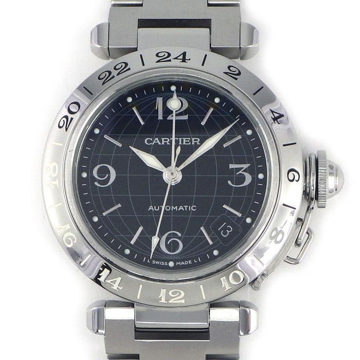 Cartier Pasha C W31079M7 GMT Automatic Watch Black Dial Steel: Cartier Pasha C W31079M7 GMT Automatic Watch Black Dial Steel Cartier Pasha C wristwatch with a black dial and automatic movement. This unisex model features GMT, calendar, luminous hands and luminous