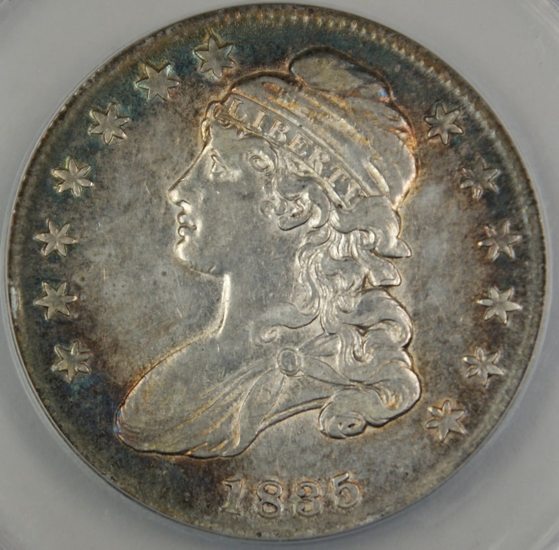 ANACS AU-50 1835 Capped Bust Half Dollar Silver 50C Cleaned Example: ANACS AU-50 1835 Capped Bust Half Dollar Silver 50C Cleaned Example This is an 1835 Capped Bust Silver Half Dollar graded AU-50 Details by ANACS. The coin was minted in Philadelphia and features a sil
