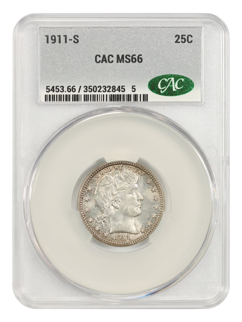 CACG MS66 1911 S Barber Quarter 25C: CACG MS66 1911 S Barber Quarter 25C 1911-S Barber Quarter certified CACG MS66. This uncirculated example is described as a conditionally tough coin from a mintage of 988,000 coins, with sleek surfaces