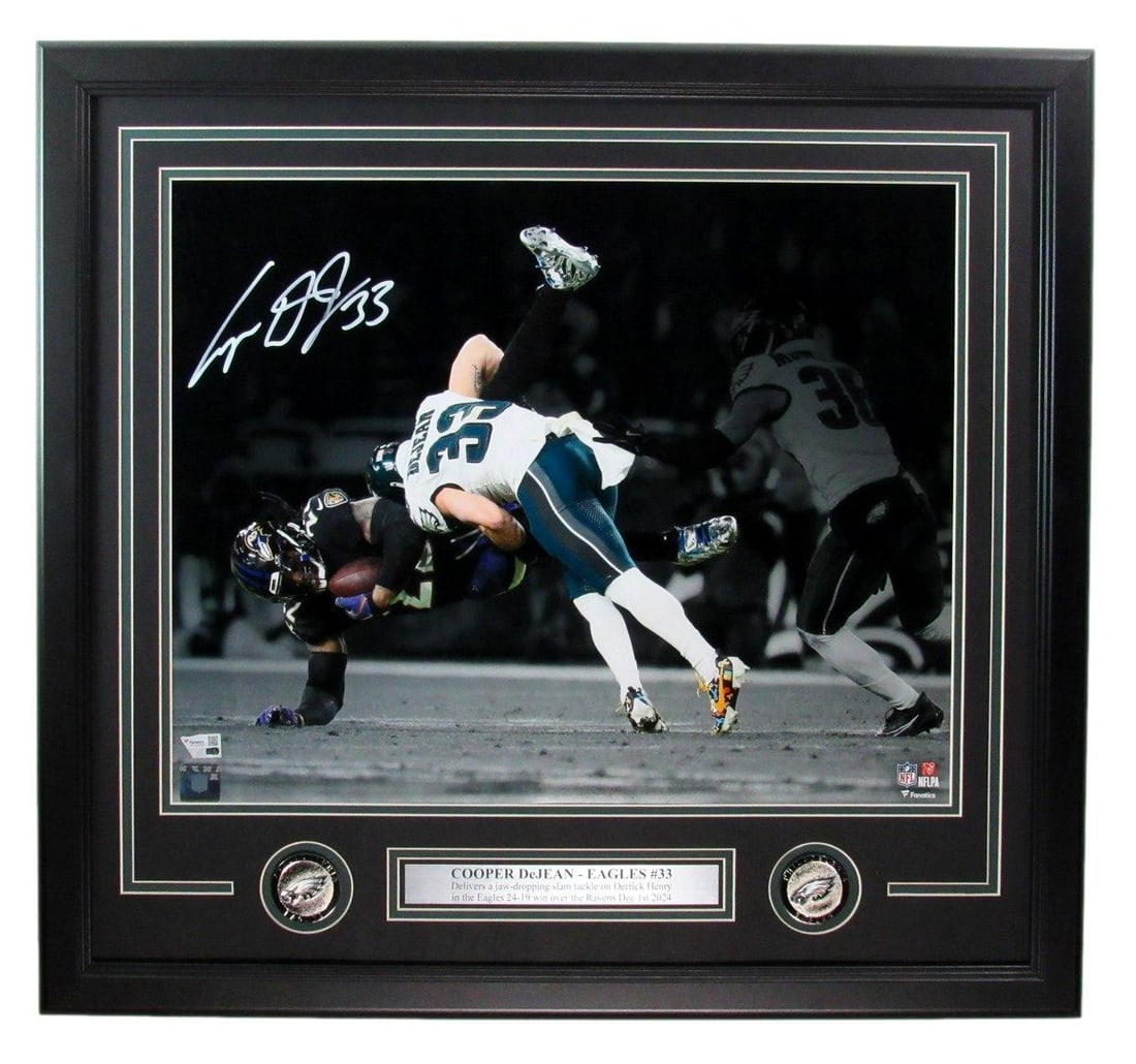 Framed 16x20 Cooper DeJean Signed Eagles Photo Fanatics Authentic: Framed 16x20 Cooper DeJean Signed Eagles Photo Fanatics Authentic Framed original 16x20 photo autographed by Cooper DeJean and featuring the Philadelphia Eagles. The autograph is authenticated by Fana