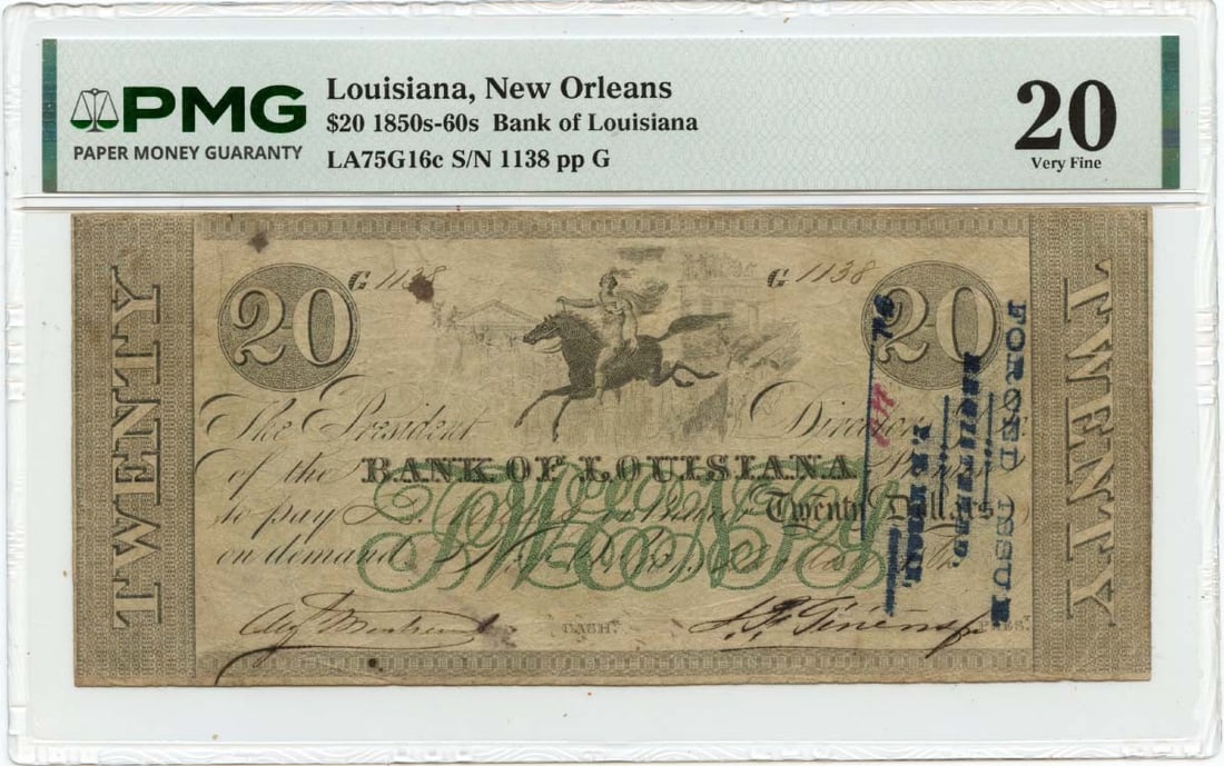 PMG VF20 1862 Bank of Louisiana $20 Obsolete Note New Orleans: PMG VF20 1862 Bank of Louisiana $20 Obsolete Note New Orleans 1862 Bank of Louisiana obsolete note from New Orleans, Louisiana, graded PMG VF20. This pre-owned, circulated note is a certified example 