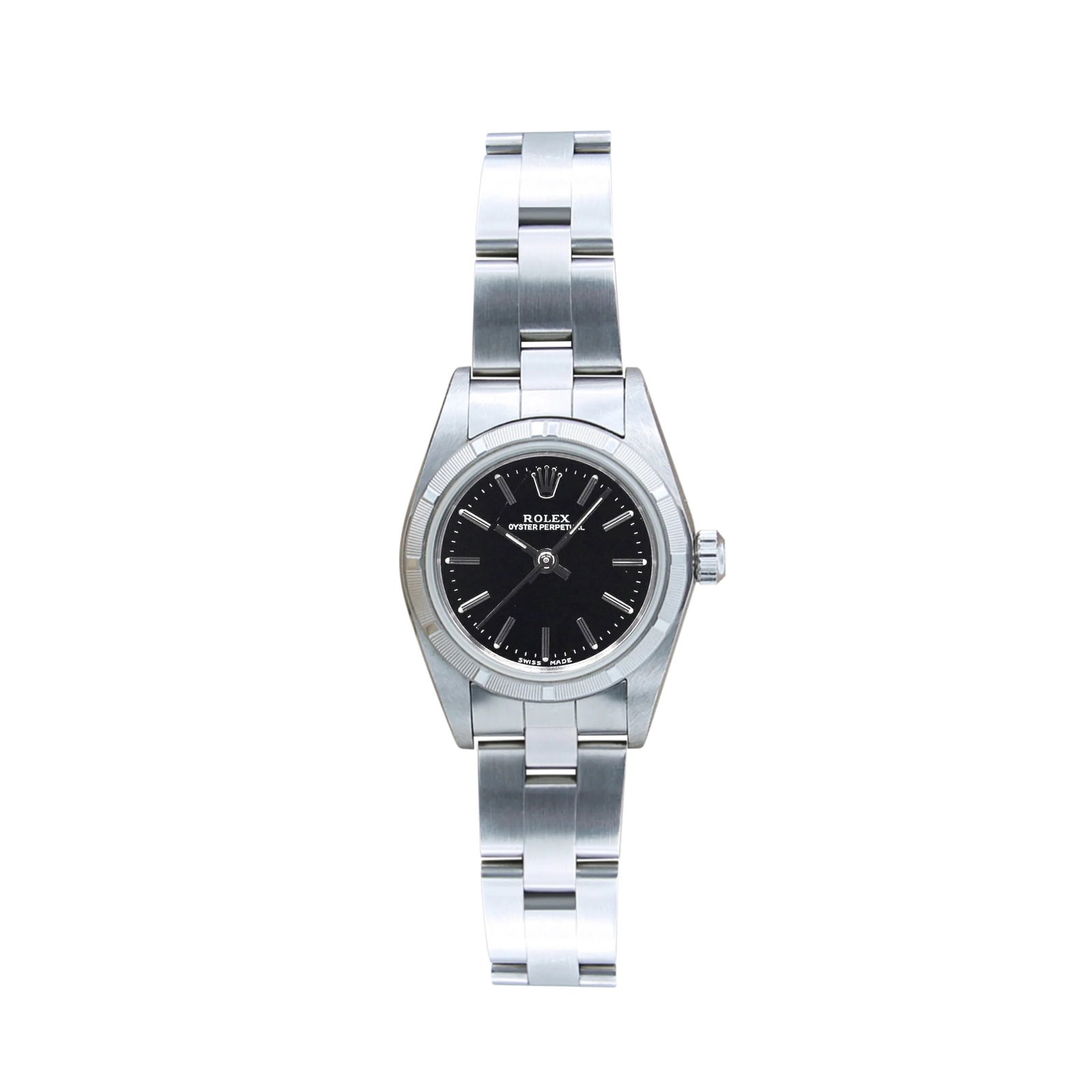 Rolex Oyster Perpetual Ladies Watch Ref 76030 Black Dial Papers 2001: Rolex Oyster Perpetual Ladies Watch Ref 76030 Black Dial Papers 2001 This is a ladies' Rolex Oyster Perpetual watch, featuring a black dial and an engine-turned bezel. The timepiece comes with an Oyst