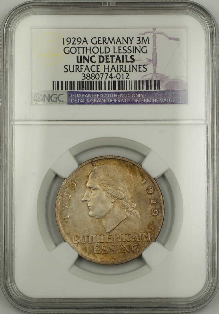 Germany 1929-A 3 Mark Silver Coin Gotthold Lessing NGC UNC Details: Germany 1929-A 3 Mark Silver Coin Gotthold Lessing NGC UNC Details 1929-A Germany Three Mark silver coin featuring Gotthold Lessing. This certified example is graded NGC UNC Details, with noted surfac