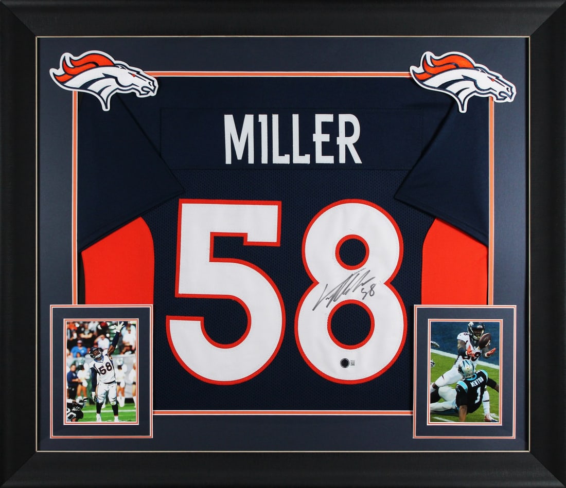 Von Miller Signed Denver Broncos Framed Jersey BAS Witnessed 32 x 37: Von Miller Signed Denver Broncos Framed Jersey BAS Witnessed 32 x 37 Celebrate your admiration for football with this authentic signed navy blue pro style framed jersey of Von Miller, a key player for