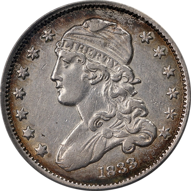 1833 Silver Bust Quarter AU Uncertified Strong Strike: 1833 Silver Bust Quarter AU Uncertified Strong Strike 1833 Bust Quarter with AU grade, noted for nice eye appeal, strong strike, nice luster, and attractive color and surfaces. This circulated silver 