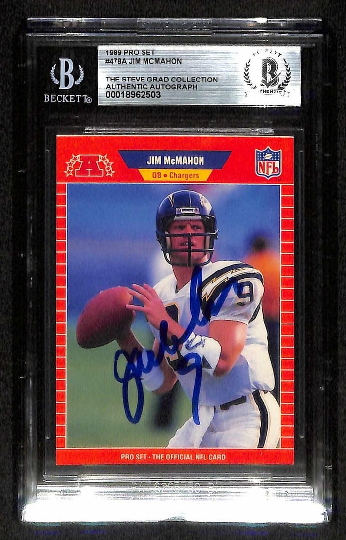Beckett Slabbed 1989 Pro Set Jim McMahon Signed Chargers Card: Beckett Slabbed 1989 Pro Set Jim McMahon Signed Chargers Card This 1989 Pro Set football trading card features quarterback Jim McMahon of the San Diego Chargers and has been hand-signed in bold ink. T