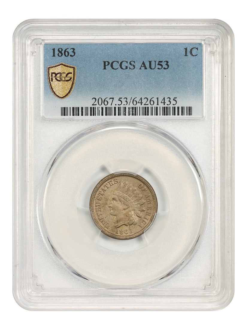 PCGS AU53 1863 Indian Cent 1C Copper Nickel Philadelphia: PCGS AU53 1863 Indian Cent 1C Copper Nickel Philadelphia 1863 Indian Cent certified by PCGS in AU53. This circulated 1C coin is a popular Copper-Nickel cent issue struck during the Civil War and is no