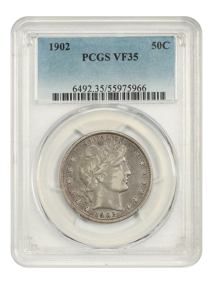 PCGS VF35 1902 Barber Half Dollar 50C Philadelphia: PCGS VF35 1902 Barber Half Dollar 50C Philadelphia 1902 Barber Half Dollar certified by PCGS in VF35 condition. This circulated, pre-owned coin is a 50C denomination issue from Philadelphia. Specifica