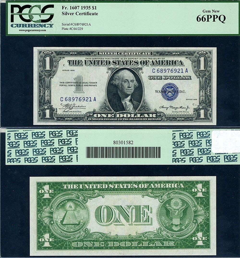 1935 $1 Silver Certificate Fr 1607 C-A Block PCGS Gem CU66 PPQ: 1935 $1 Silver Certificate Fr 1607 C-A Block PCGS Gem CU66 PPQ FR. 1607 $1 1935 Silver Certificate in PCGS Gem CU66 PPQ grade. This uncirculated example features excellent paper quality, bright and bo