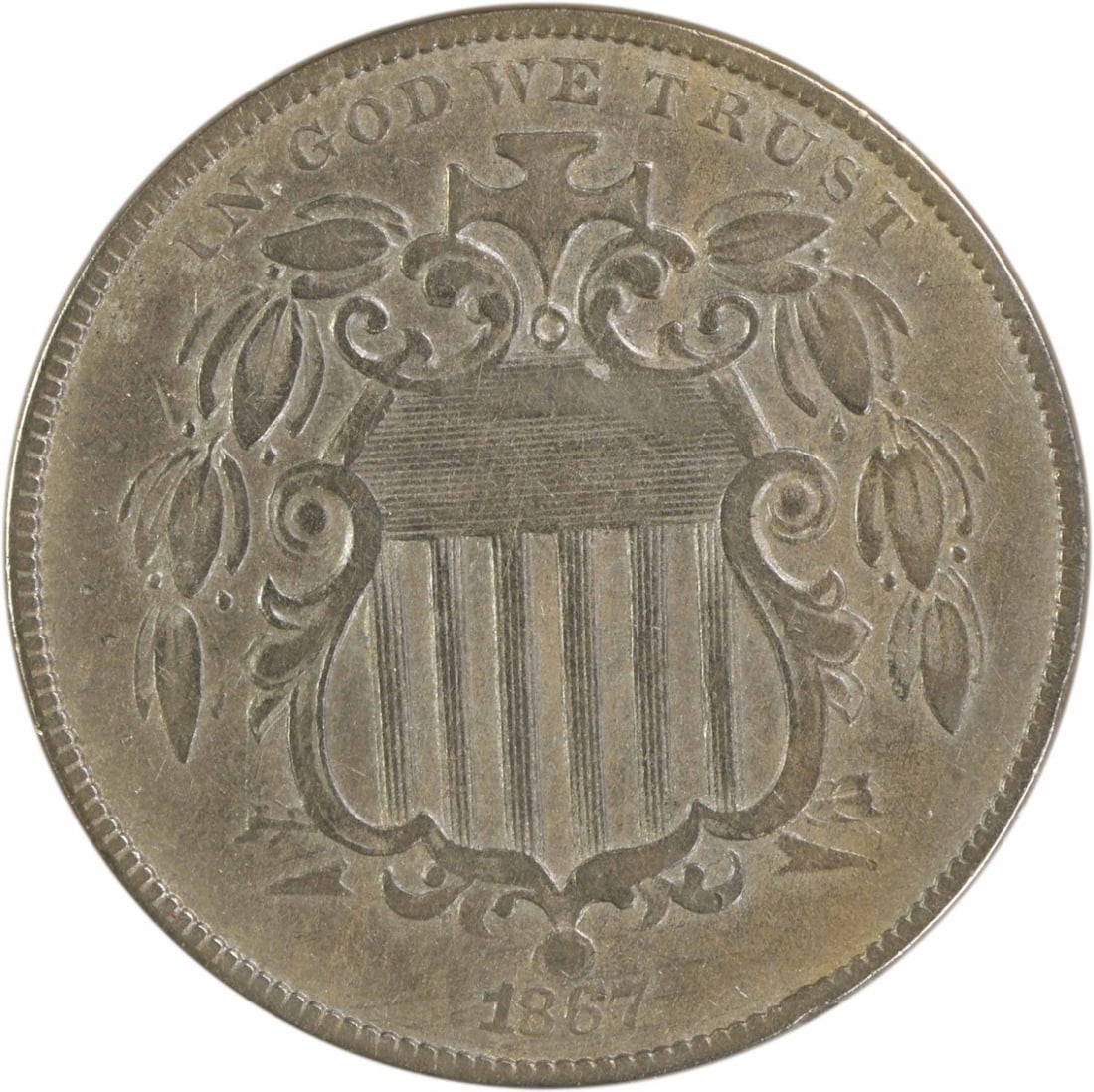 1867 5C Shield Nickel EF No Rays Uncertified: 1867 5C Shield Nickel EF No Rays Uncertified 1867 Shield Nickel No Rays 5C coin in EF grade. This circulated, uncertified United States coin is composed of nickel and offered as a pre-owned piece. Spe