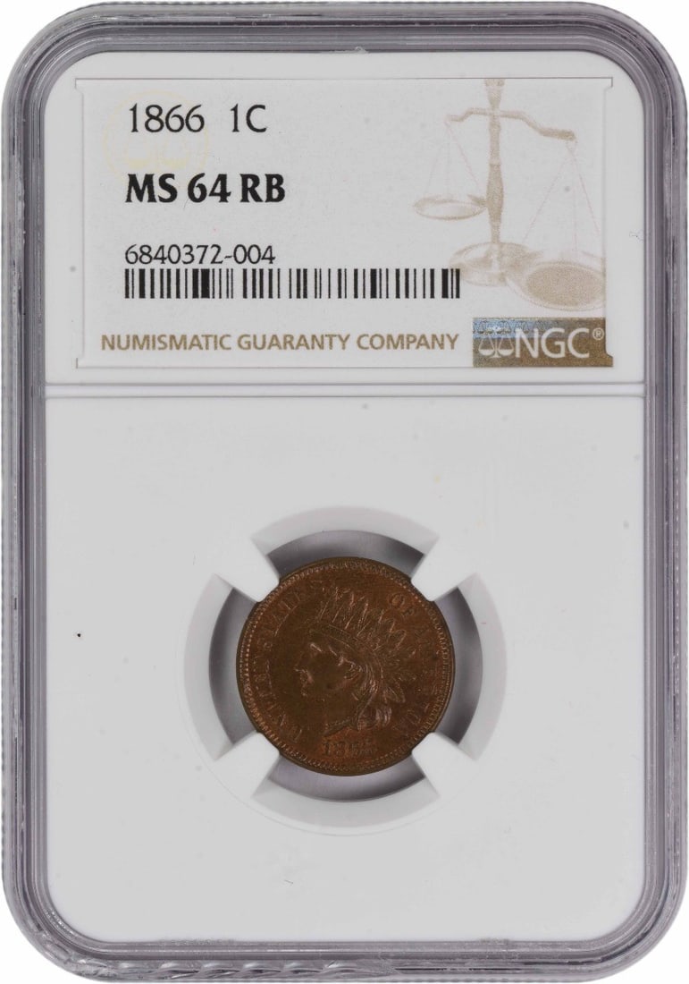 1866 Indian Head Cent MS64RB NGC Certified Coin: 1866 Indian Head Cent MS64RB NGC Certified Coin This 1866 Indian Cent is a remarkable piece of numismatic history, certified as MS64RB by NGC. Struck in Philadelphia, this uncirculated coin features a