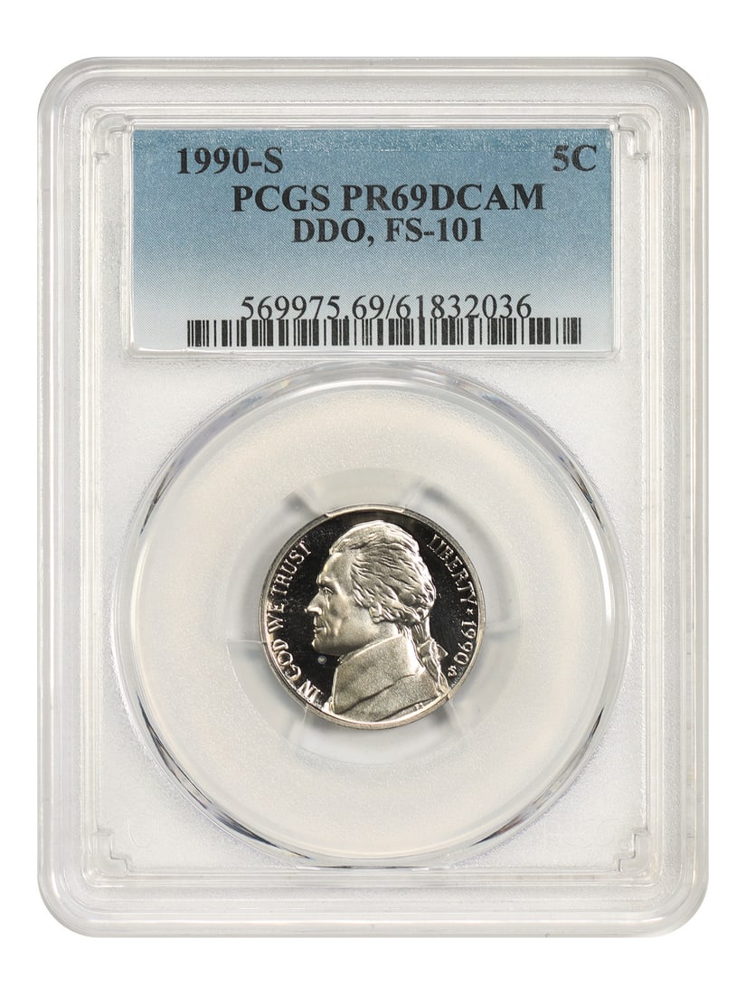Jefferson Nickel 1990-S 5C PCGS PR69DCAM DDO FS-101: Jefferson Nickel 1990-S 5C PCGS PR69DCAM DDO FS-101 1990-S Jefferson Nickel certified by PCGS as PR69DCAM. This pre-owned coin is listed as uncirculated and identified as FS-101 DDO. Specifications De