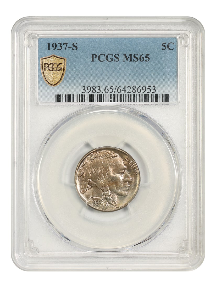 PCGS MS65 1937 S Buffalo Nickel 5C: PCGS MS65 1937 S Buffalo Nickel 5C 1937-S Buffalo Nickel graded PCGS MS65. This uncirculated 5C coin is a pre-owned example certified by PCGS. Specifications Denomination: 5C Year: 1937 Mint Location: