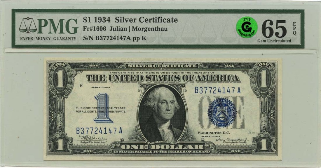 PMG 65 EPQ 1934 $1 Silver Certificate FR#1606 GCC Green: PMG 65 EPQ 1934 $1 Silver Certificate FR#1606 GCC Green 1934 $1 Silver Certificate graded PMG Gem 65 EPQ. This uncirculated, pre-owned note is a certified example of a United States Silver Certificate