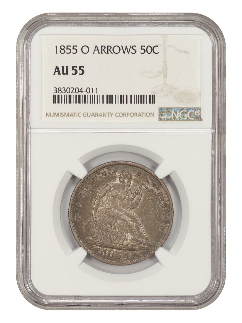 NGC AU55 1855-O Liberty Seated Half Dollar Arrows 50C: NGC AU55 1855-O Liberty Seated Half Dollar Arrows 50C 1855-O Liberty Seated Half Dollar certified by NGC in AU55 (Arrows). This circulated, pre-owned coin is a New Orleans issue with the 50C denominat