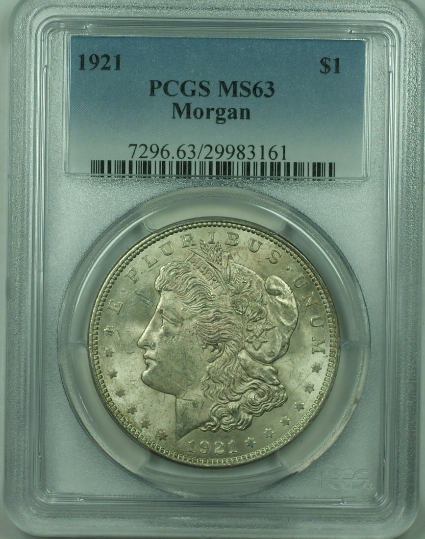 PCGS MS-63 1921 Morgan Silver Dollar $1 Philadelphia: PCGS MS-63 1921 Morgan Silver Dollar $1 Philadelphia This 1921 Morgan Silver Dollar is a $1 coin from the United States. Certified by PCGS with a grade of MS-63, it is composed of 0.9 fine silver and 