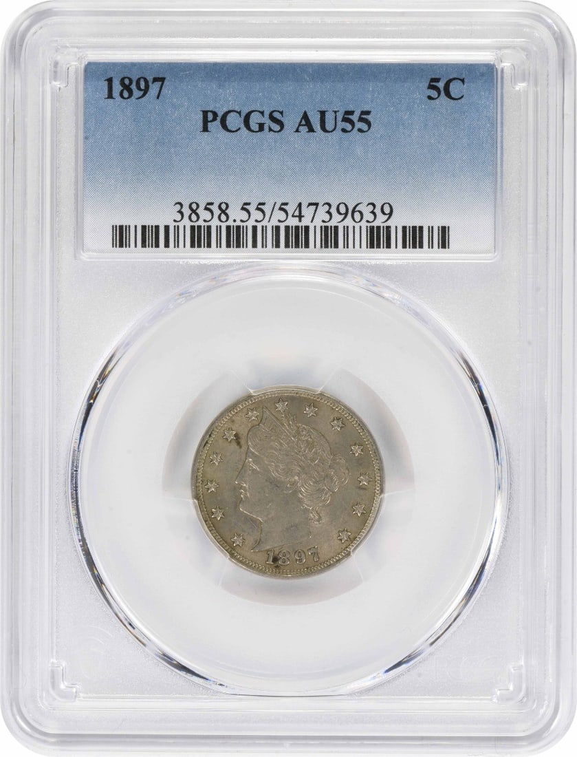 PCGS AU55 1897 United States Liberty 5C Nickel Coin: PCGS AU55 1897 United States Liberty 5C Nickel Coin 1897 Liberty Nickel certified by PCGS and graded AU55. This pre-owned United States 5-cent coin is a circulated example of the Liberty design struck