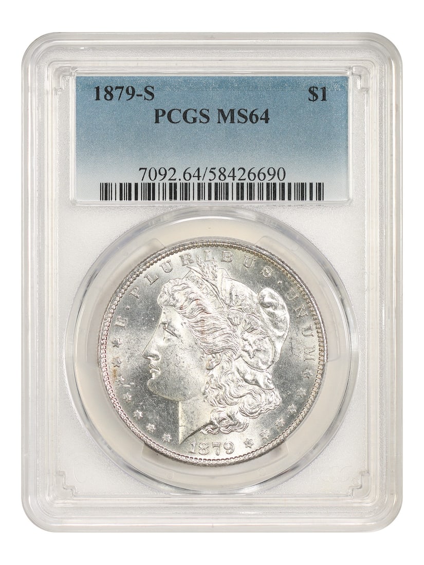 PCGS MS64 1879-S Morgan Silver Dollar $1: PCGS MS64 1879-S Morgan Silver Dollar $1 1879-S Morgan Dollar certified by PCGS in MS64 grade. This uncirculated example is from the San Francisco Mint. The 1879-S is known for a consistently crisp st