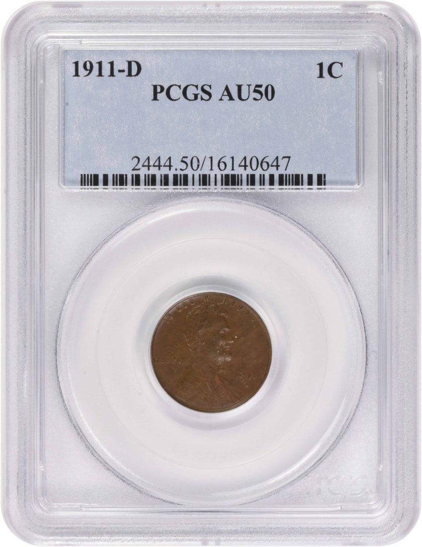 PCGS AU50 1911-D Lincoln Wheat Small Cent: PCGS AU50 1911-D Lincoln Wheat Small Cent 1911-D Lincoln Cent graded AU50 by PCGS. This circulated United States coin is a Lincoln Wheat small cent from 1911, composed of copper and identified with KM