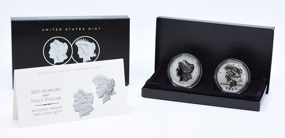 2023 Reverse Proof Morgan and Peace Silver Dollar 2 Coin Set OGP: 2023 Reverse Proof Morgan and Peace Silver Dollar 2 Coin Set OGP 2023 reverse proof two-coin set featuring a Morgan Dollar and a Peace Dollar in original government packaging. This pre-owned set inclu