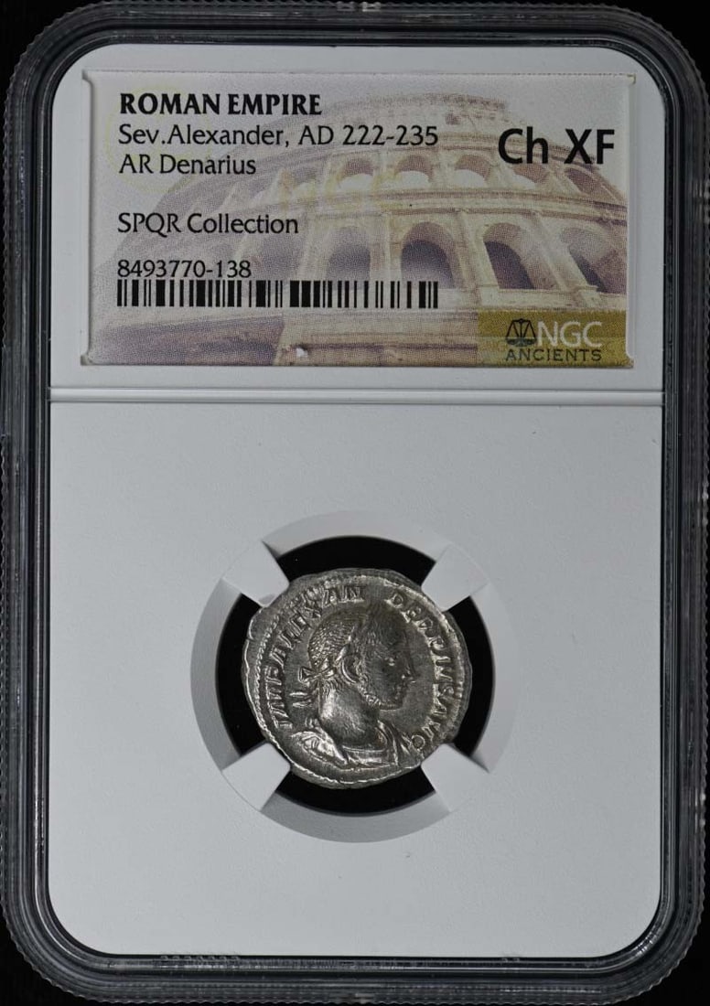 NGC XF45 Denarius Silver Coin of Severus Alexander Roman Empire: NGC XF45 Denarius Silver Coin of Severus Alexander Roman Empire This Roman Empire AR Denarius from the reign of Severus Alexander (AD 222-235) is certified by NGC with a grade of XF45. The coin origin