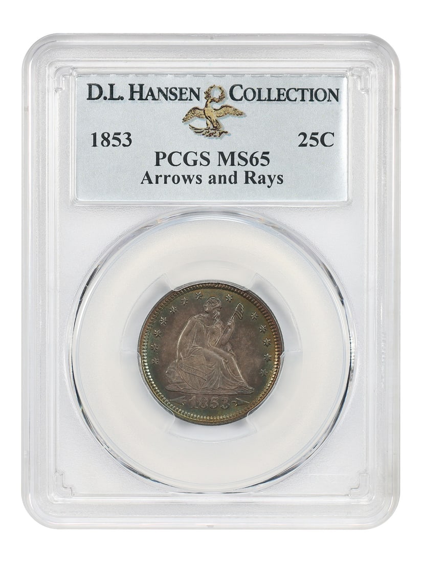 Liberty Seated Quarter 1853 25C PCGS MS65 Arrows and Rays ex D.L. Hansen: Liberty Seated Quarter 1853 25C PCGS MS65 Arrows and Rays ex D.L. Hansen 1853 Liberty Seated Quarter, denomination 25C, graded PCGS MS65 and noted as the Arrows and Rays one-year type. Struck in Phila