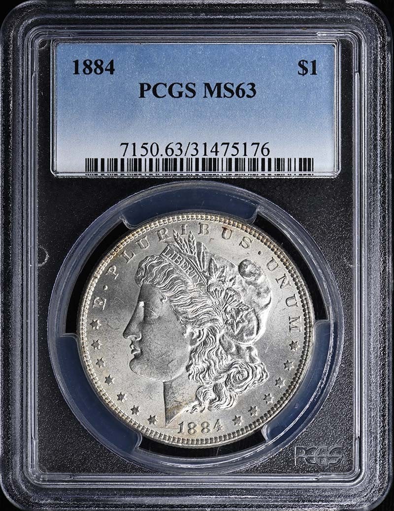 PCGS MS63 1884 Morgan Silver Dollar $1: PCGS MS63 1884 Morgan Silver Dollar $1 1884 Morgan Dollar certified by PCGS and graded MS63. This pre-owned coin is uncirculated and was minted in the United States. Specifications Coin Type: Morgan D