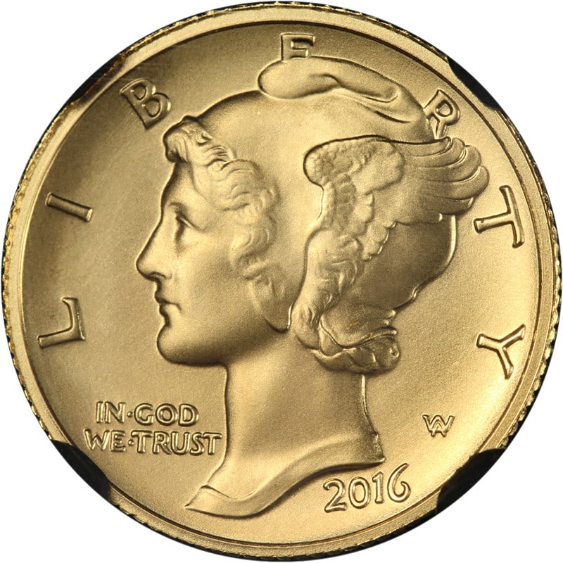 NGC SP70 2016-W Gold Centennial Mercury Dime 1/10 Ounce First Release: NGC SP70 2016-W Gold Centennial Mercury Dime 1/10 Ounce First Release Original 2016-W Gold Centennial Mercury Dime graded NGC SP70 First Release with Black Core. This uncirculated coin is struck in 0.