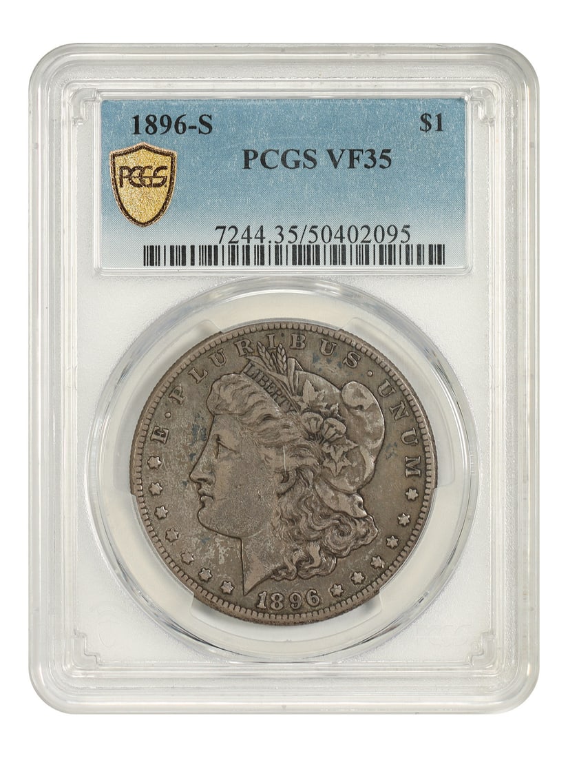 PCGS VF35 1896-S Morgan Silver Dollar San Francisco Mint: PCGS VF35 1896-S Morgan Silver Dollar San Francisco Mint 1896-S Morgan Dollar certified by PCGS in VF35. This circulated example is a tougher San Francisco issue in the Morgan Dollar series and is off