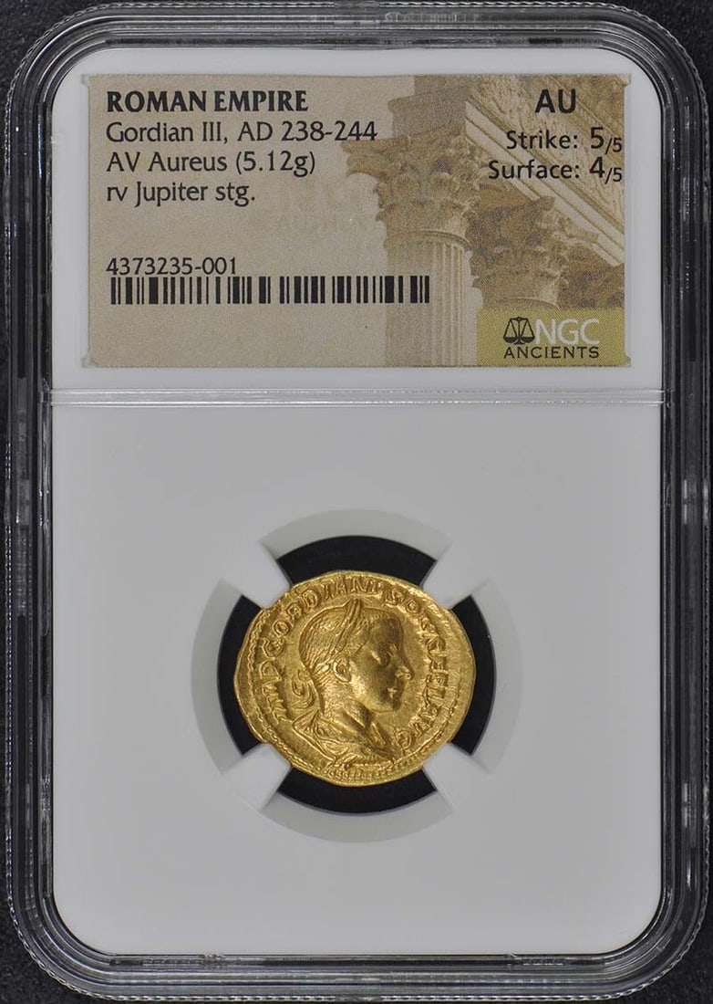 Gordian III AV Aureus Ancient Roman Coin NGC AU50 Certified: Gordian III AV Aureus Ancient Roman Coin NGC AU50 Certified This ancient Roman Aureus features Gordian III, who ruled from AD 238 to 244. Graded AU50 by NGC, this coin exhibits a remarkable level of p