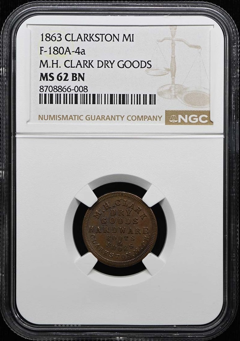 NGC MS62BN 1863 Clarkston Michigan F-180A-4a Token: NGC MS62BN 1863 Clarkston Michigan F-180A-4a Token 1863 Clarkston F-180A-4a token graded NGC MS62BN. This pre-owned example is uncirculated. Specifications Item: Clarkston F-180A-4a token Year of Issu