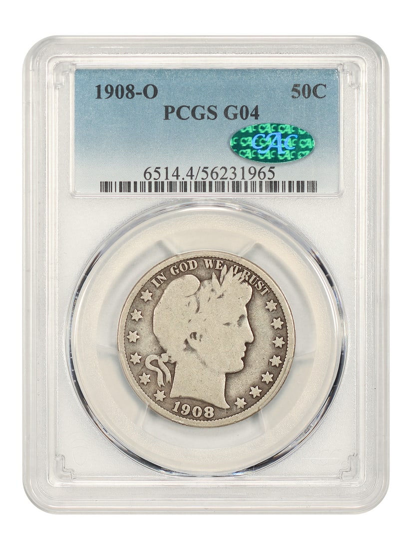 Barber Half Dollar 1908 O 50C PCGS CAC Good 04: Barber Half Dollar 1908 O 50C PCGS CAC Good 04 1908-O Barber Half Dollar, certified by PCGS and graded Good 04, with CAC approval. This circulated, pre-owned coin is a certified example from the New O