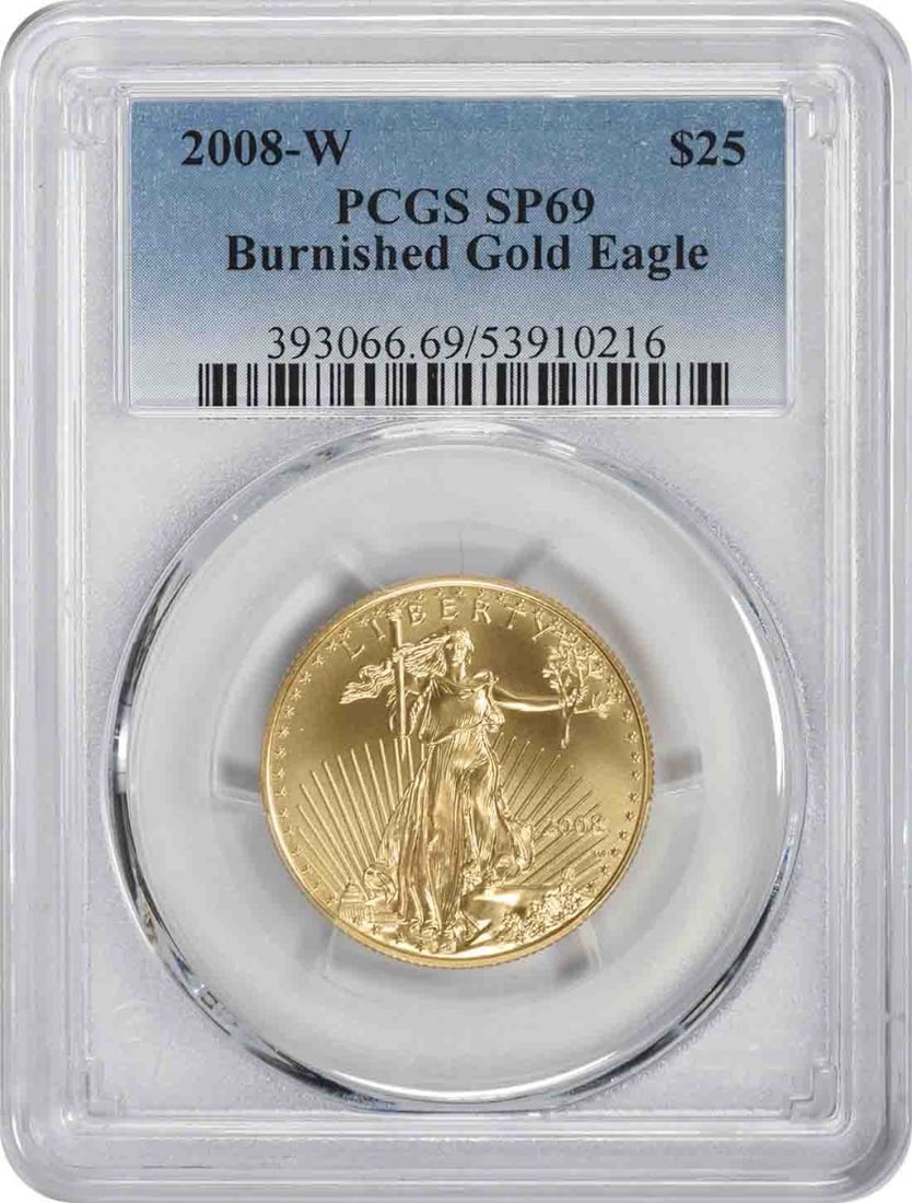 2008-W $25 American Gold Eagle Burnished SP69 PCGS Certified Coin: 2008-W $25 American Gold Eagle Burnished SP69 PCGS Certified Coin This 2008-W $25 American Gold Eagle coin is certified by PCGS with a grade of SP69, ensuring its exceptional quality and condition. It