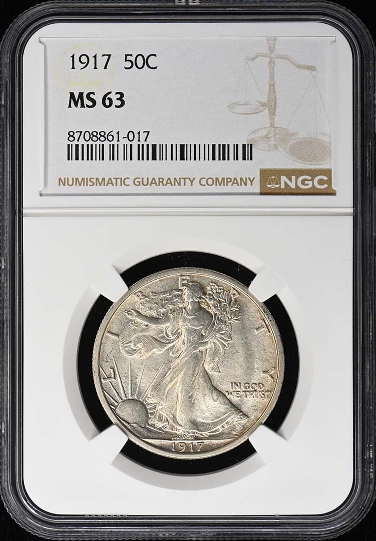 NGC MS63 1917 50C Walking Liberty Half Dollar: NGC MS63 1917 50C Walking Liberty Half Dollar 1917 Walking Liberty Half Dollar certified by NGC and graded MS63. This pre-owned coin is an uncirculated example from the Philadelphia Mint. Specificatio