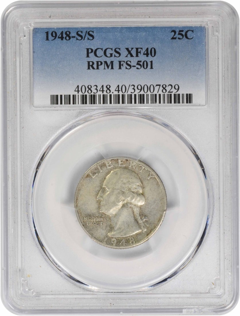PCGS EF40 1948 San Francisco RPM FS-501 Washington 90 Silver Quarter: PCGS EF40 1948 San Francisco RPM FS-501 Washington 90 Silver Quarter This is a 1948-S/S Washington Silver Quarter featuring the re-punched mintmark (RPM) FS-501 variety. Graded EF40 by PCGS, this circ