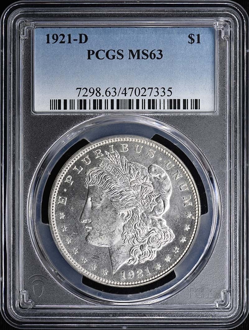 PCGS MS63 1921-D Morgan Silver Dollar $1 Coin: PCGS MS63 1921-D Morgan Silver Dollar $1 Coin 1921 Morgan Dollar certified by PCGS and graded MS63. This uncirculated United States silver dollar is a pre-owned example from the Denver Mint. Specifica