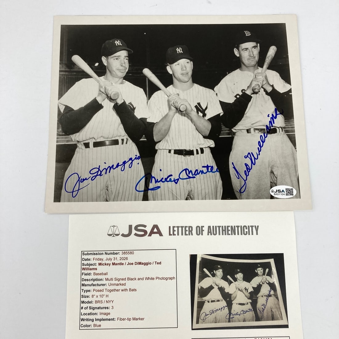 8x10 Baseball Photo Signed by Mantle DiMaggio Williams JSA Authenticated: 8x10 Baseball Photo Signed by Mantle DiMaggio Williams JSA Authenticated Original signed baseball photo featuring Mickey Mantle, Joe DiMaggio, and Ted Williams. This 8x10 photograph includes JSA authe