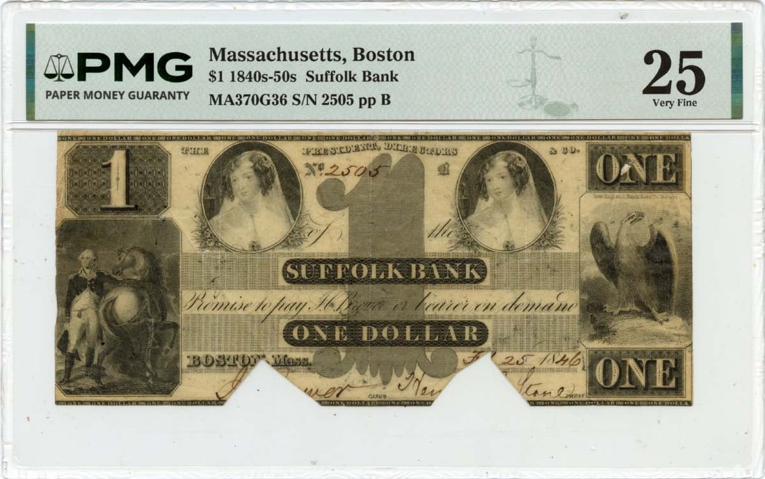 Boston Suffolk Bank Obsolete 1846 One Dollar Note PMG VF25 (1 of 2)