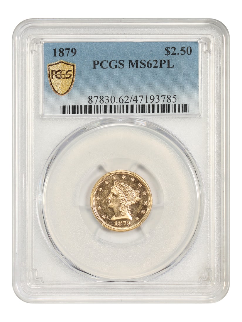 1879 Liberty Head Quarter Eagle $2.50 PCGS MS62PL Philadelphia: 1879 Liberty Head Quarter Eagle $2.50 PCGS MS62PL Philadelphia 1879 Liberty Head $2.50 gold coin certified by PCGS in MS62PL condition. This Philadelphia issue is an uncirculated example of a lower mi