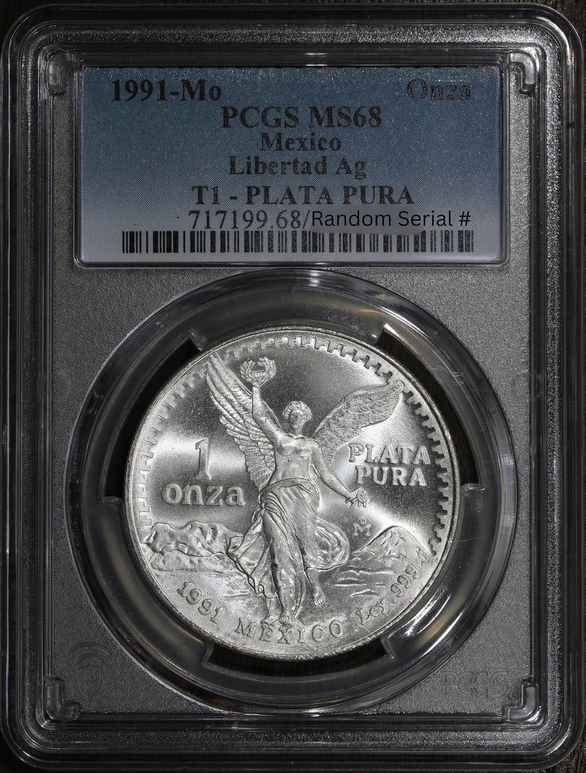 PCGS MS68 1991-Mo Mexico 1 oz Silver Libertad Onza: PCGS MS68 1991-Mo Mexico 1 oz Silver Libertad Onza 1991-Mo Mexico 1 oz Silver Libertad Onza coin graded MS68 by PCGS. This pre-owned Mexican Libertad is struck in .999 fine silver and contains 1 oz of