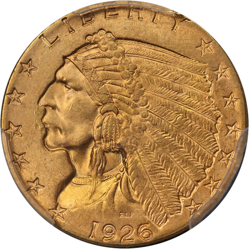 1926 $2.50 Indian Gold Coin PCGS MS65+ Uncirculated: 1926 $2.50 Indian Gold Coin PCGS MS65+ Uncirculated A 1926 Indian Gold $2.50 coin certified by PCGS and graded MS65+. This uncirculated, pre-owned example is described as having superb eye appeal, fan